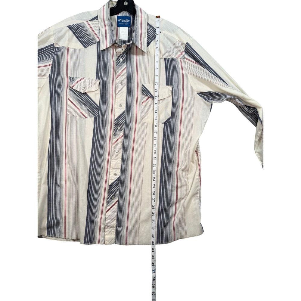 VTG Wrangler Western Pearl Snap Shirt Striped Red Cream Blue 2XL Yoke Americana - Picture 7 of 16